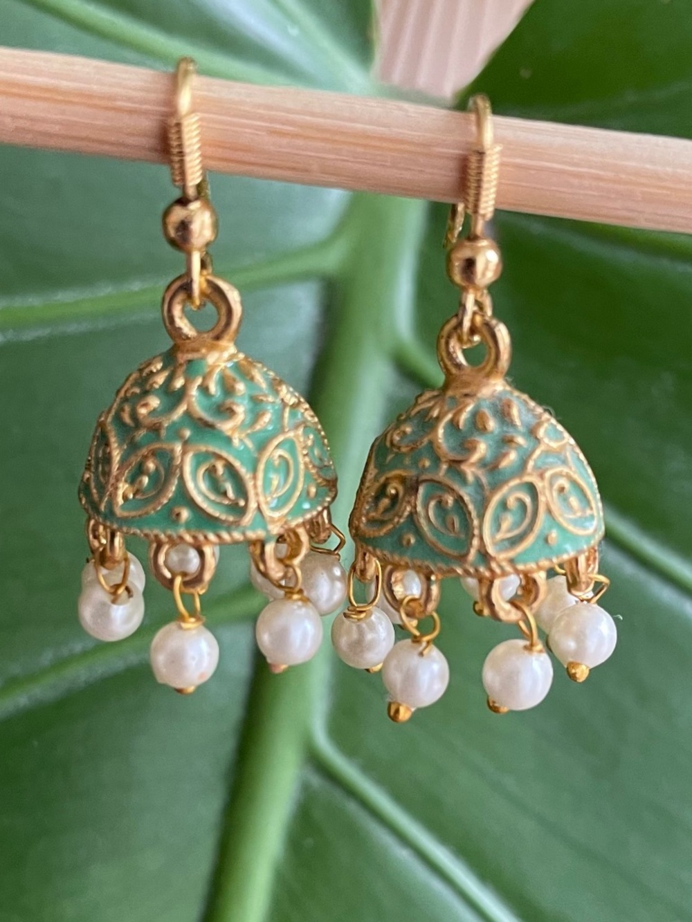 Pastel Mint Green Meenakari Jhumka Earrings with Pearl Drops Gold